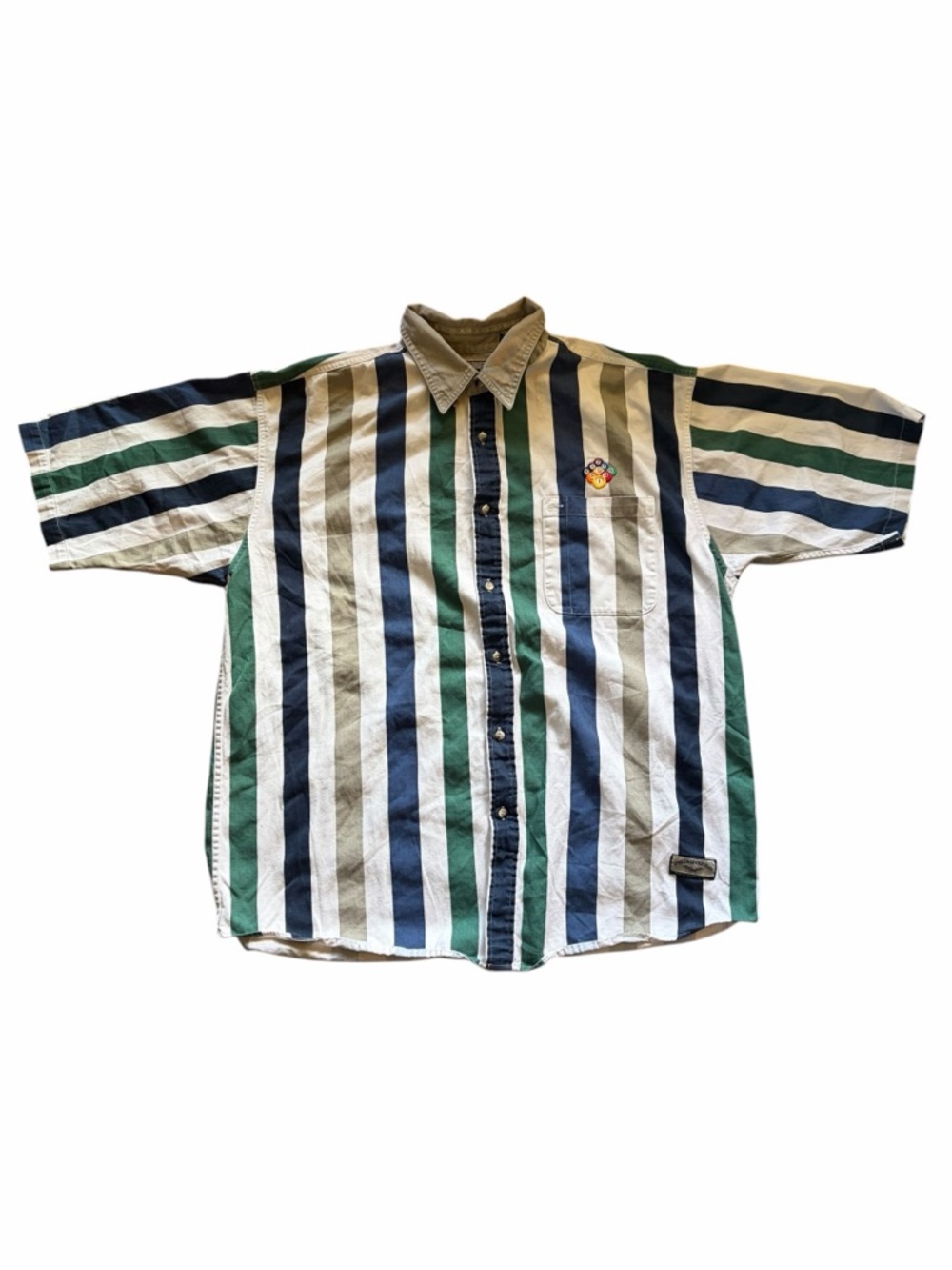 So Very 90’s Billiard Casual Vertical Stripe Short-Sleeve Shirt - Green & Navy